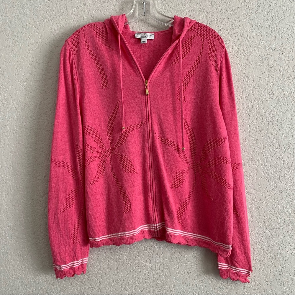 St John Sport Hoodie Cardigan Sweater Jacket Women M Palm Tree Zip Preppy Luxury